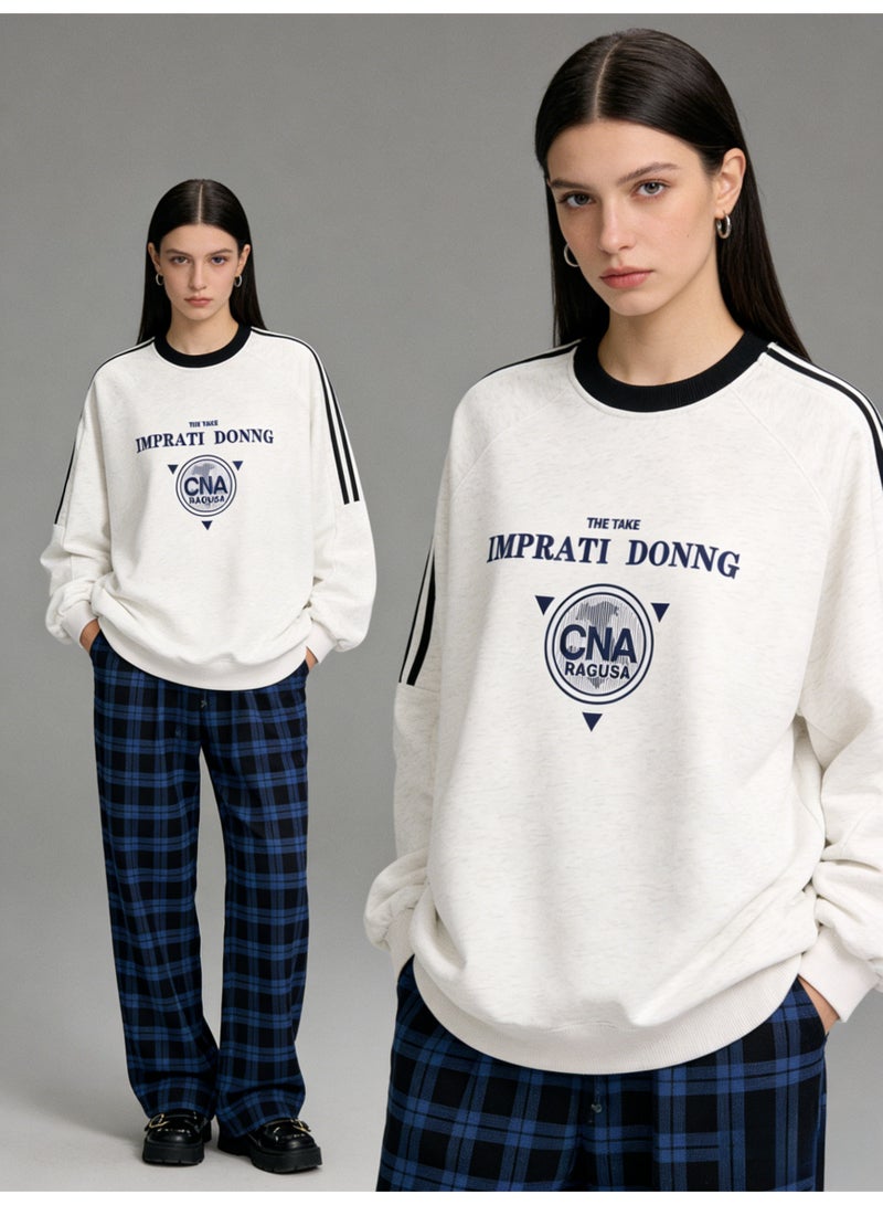 Heather White "IMPRATI DONNG" Vintage Logo Oversized Crew Neck Sweatshirt | Striped Sleeve Pullover With "CNA RAGUSA" Print - Image 1
